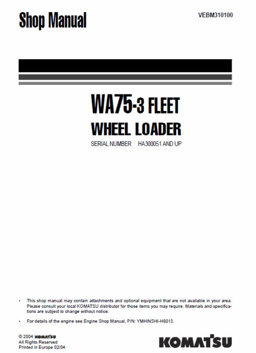 Komatsu WA75-3 Wheel Loader Service Manual