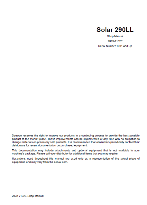 Daewoo Solar S290LL Excavator Service Manual