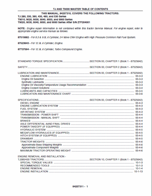 New Holland T9010, T9020, T9030, T9040, T9050, T9060 Tractor Service Manual