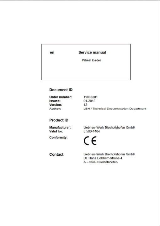 Liebherr L580 Type 1464 Wheel Loader Service Manual