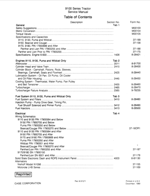 Case 9110, 9130, 9150, 9170, 9180 Tractor Service Manual