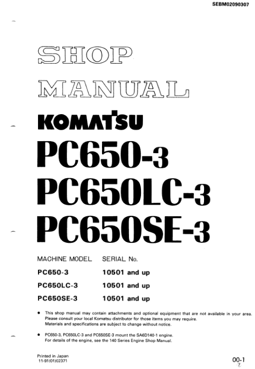 Komatsu PC650-3, PC650LC-3, PC650SE-3 Excavator Service Manual