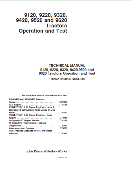 John Deere 9120, 9220, 9320 Tractors Repair Technical Manual