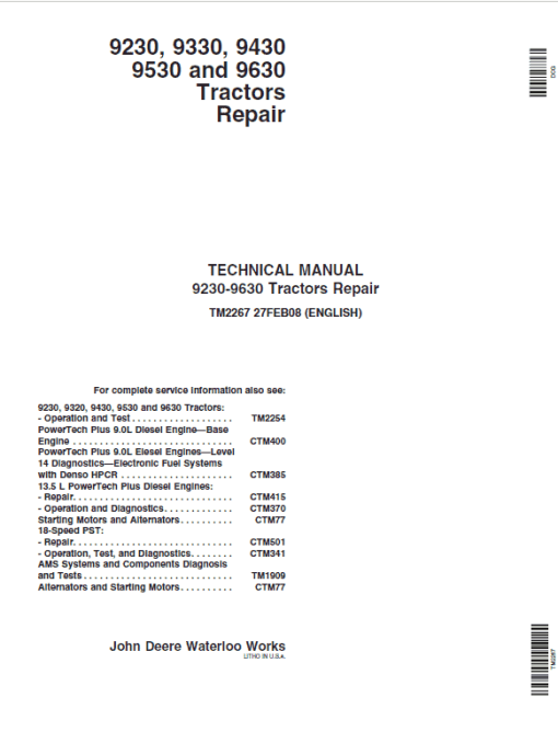 John Deere 9230, 9330, 9430, 9530, 9630 Tractors Repair Technical Manual