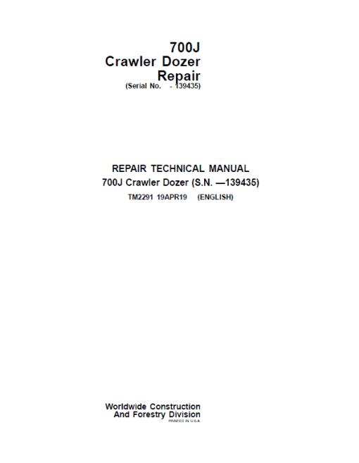 John Deere 700J Crawler Dozer Technical Manual (SN before 139435)