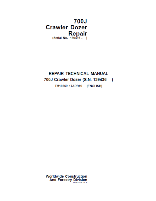 John Deere 700J Crawler Dozer Technical Manual (SN. from 139436)