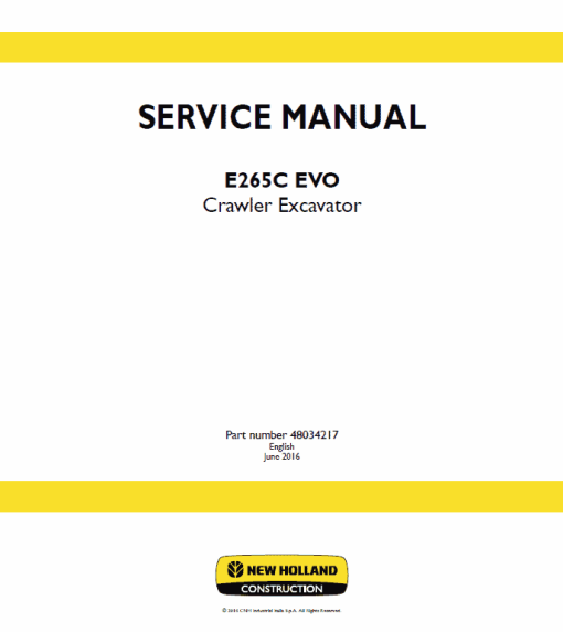 New Holland E265C Evo Excavator Service Manual