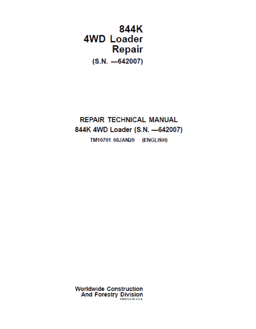 John Deere 844K 4WD Loader Technical Manual (S.N before - 642007)