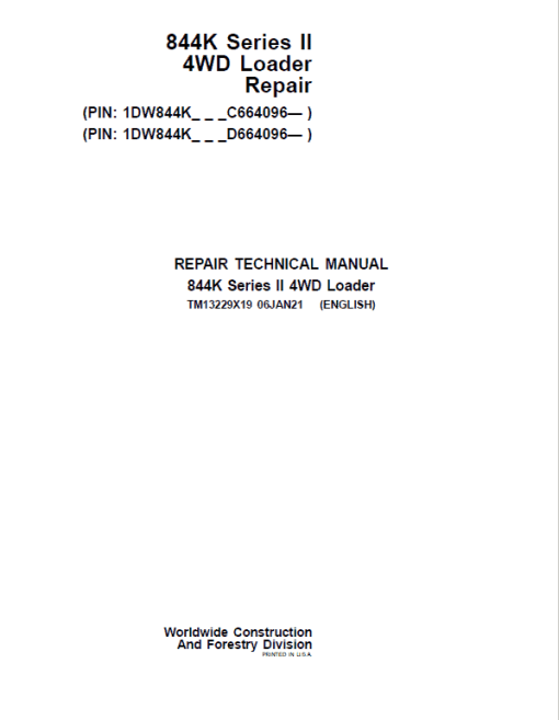 John Deere 844K 4WD Series II Loader Technical Manual (S.N after C664096 & D664096 -)