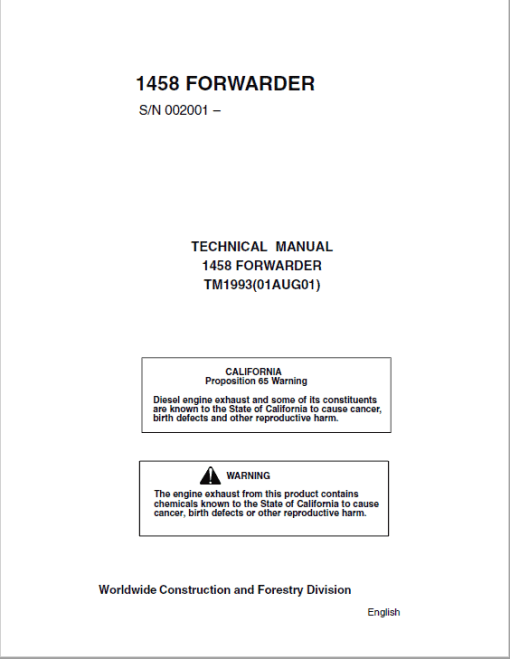 John Deere 1458 Forwarder Repair Technical Manual (TM1993)