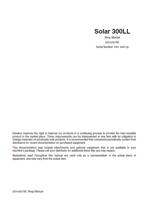 Daewoo Solar S300LL Excavator Service Manual