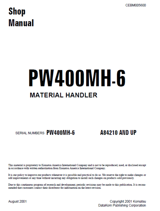 Komatsu PW400MH-6 Excavator Service Manual