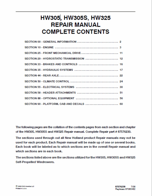 New Holland HW305, HW305S, HW325 Self-Propelled Windrowers Service Manual