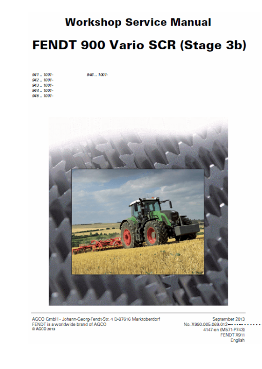 Fendt 924, 927, 930, 933, 936 Vario Stage 3B Tier 4i Tractor Service Manual