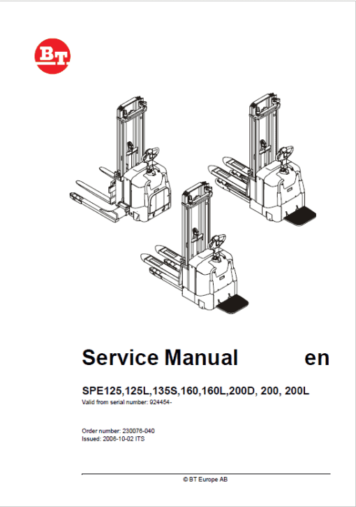 BT SPE125, SPE125L, SPE135S, SPE160, SPE200, SPE200L Pallet Truck Manual