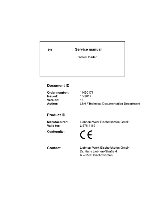 Liebherr L576 Type 1169 Wheel Loader Service Manual