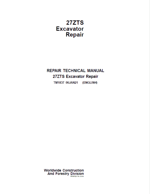 John Deere 27ZTS Excavator Repair Technical Manual