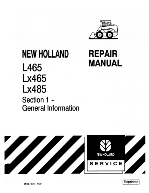 New Holland L465, LX465, LX485 SkidSteer Loader Service Manual