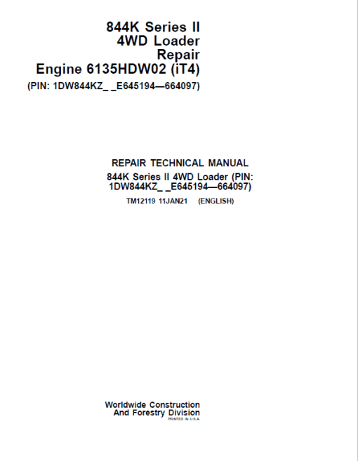 John Deere 844K-II 4WD Engine (iT4) Loader Technical Manual (S.N E645194 - E664097)