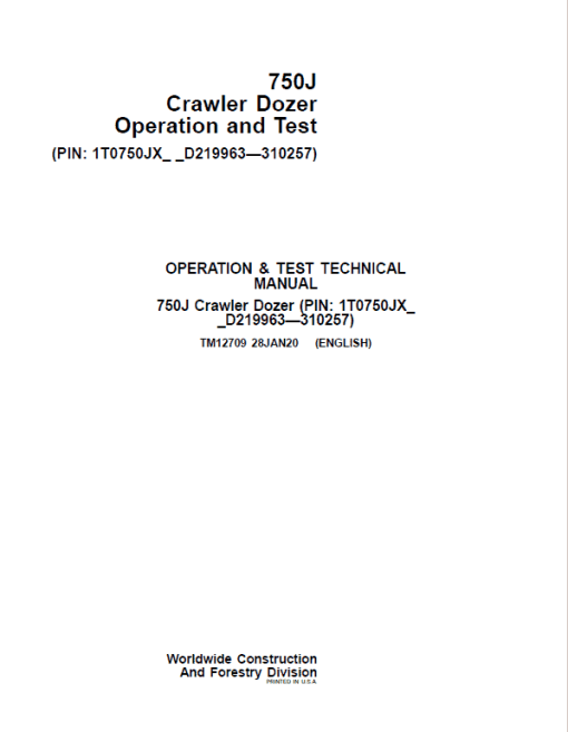 John Deere 750J Crawler Dozer Technical Manual (SN. from D219963-D310257)