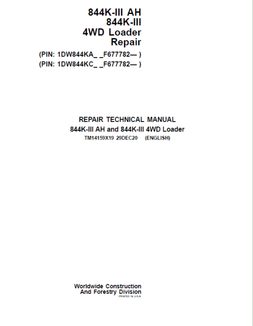 John Deere 844K-III AH, 844K-III 4WD Loader Technical Manual (S.N after F677782 - )