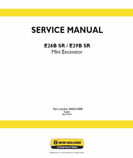 New Holland E26B SR, E29B SR Mini Excavator Service Manual