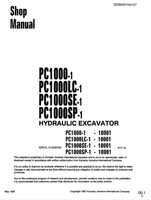 Komatsu PC1000-1, PC1000LC-1, PC1000SE-1, PC1000SP-1 Excavator Manual