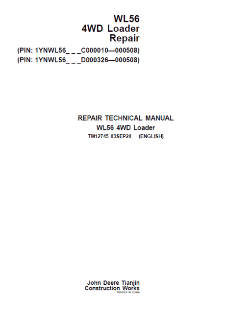 John Deere WL56 4WD Loader Manual ( S.N C000010- C000508 & D000326 - D000508)