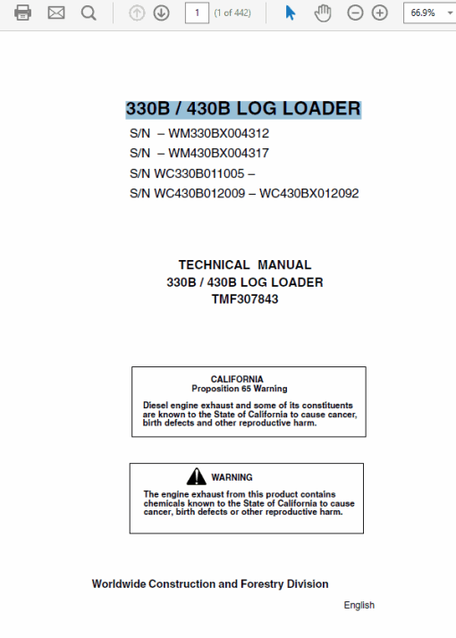 John Deere 330B, 430B Log Loader Repair Technical Manual TMF307843