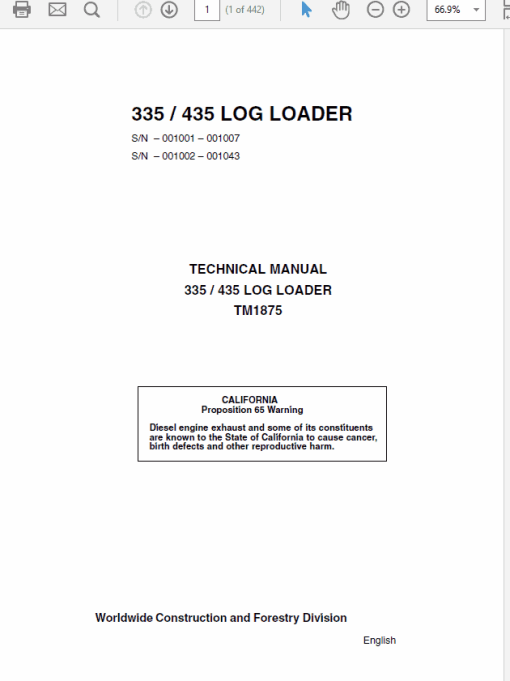 John Deere 335, 435 Log Loader Repair Technical Manual (TM1875)