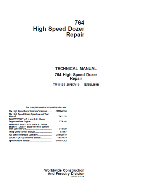 John Deere 764 High Speed Dozer Repair Technical Manual