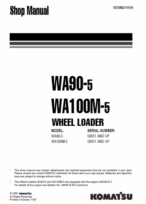 Komatsu WA90-5, WA100M-5 Wheel Loader Service Manual