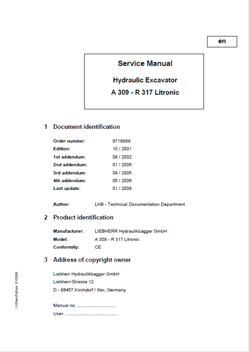 Liebherr A309, A311, A312, A314, A316, R313, R317 Litronic Excavator Manual