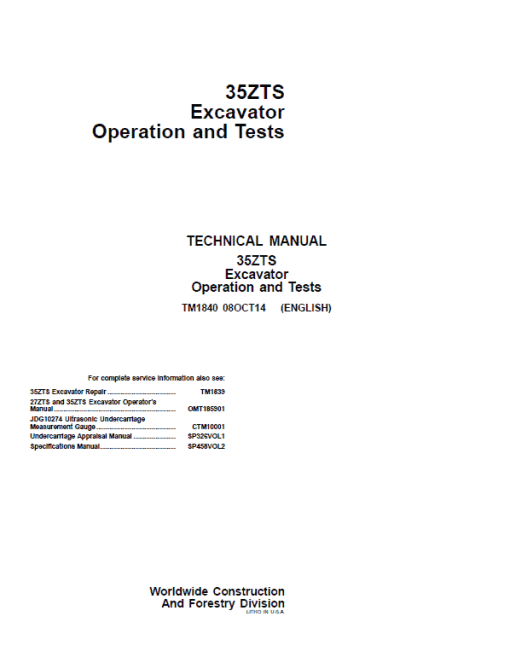 John Deere 35ZTS Excavator Repair Technical Manual