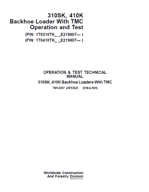 John Deere 310SK, 410K Backhoe Loader (TMC) Repair Technical Manual (S.N after E219607 - )