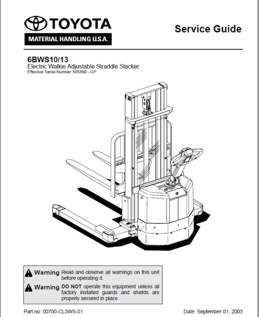 Toyota 6BWS10, 6BWS13 Electric Walkie Adjustable Straddle Stacker Repair Manual