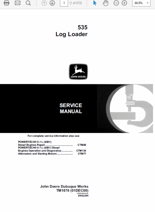 John Deere 535 Log Loader Repair Technical Manual (TM1876)