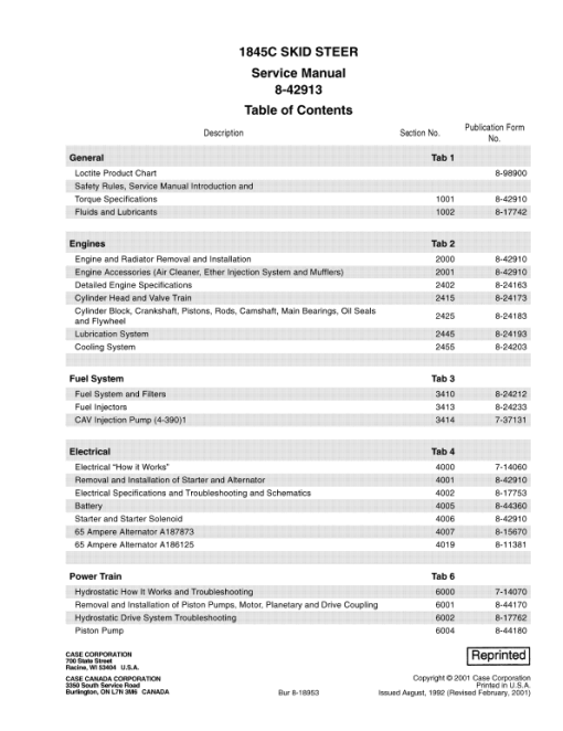 Case 1845C SkidSteer Service Manual