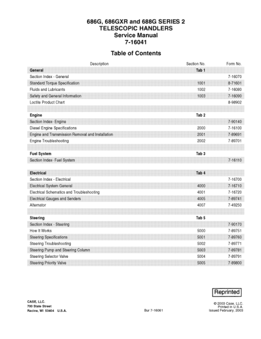 Case 686G, 686GXR, 688G Series 2 Telescopic Handler Service Manual