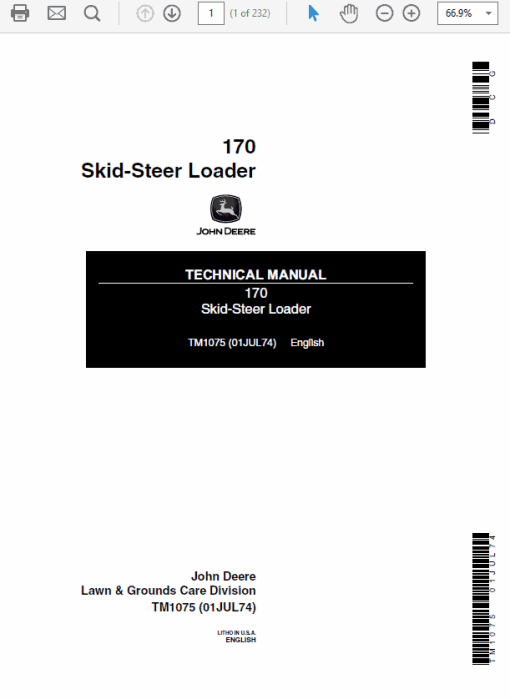 John Deere 170 Skid-Steer Loader Repair Technical Manual (TM1075)