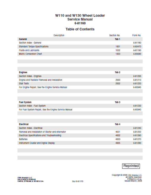 New Holland W110, W130 Wheel Loader Service Manual