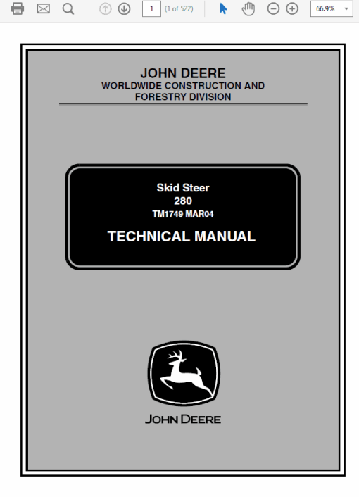 John Deere 280 Skid-Steer Loader Repair Technical Manual (TM1749)