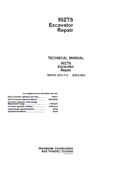 John Deere 50ZTS Excavator Repair Technical Manual