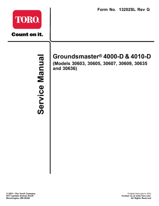 Toro Groundsmaster 4000-D, 4010-D (Model 30603, 30605, 30607, 30609, 30635, 30636) Service Repair Manual