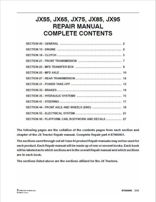 Case JX55, JX65, JX75, JX85, JX95 Tractor Service Manual