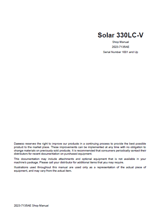 Daewoo Solar S330LC-V Excavator Service Manual