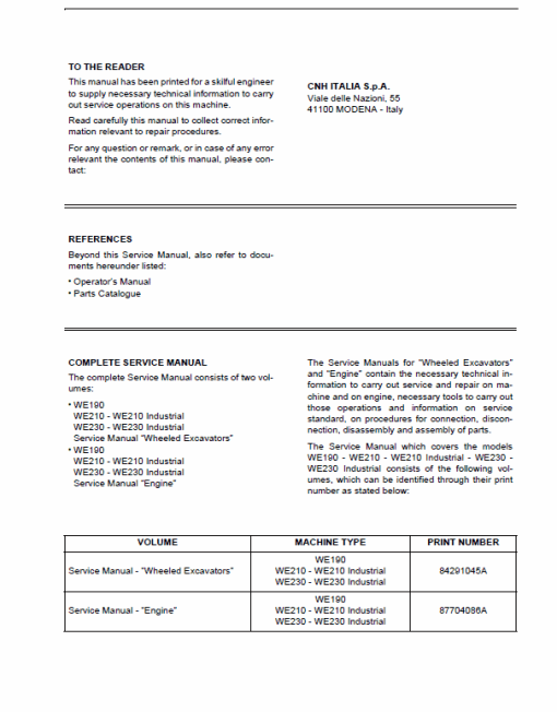 New Holland WE190, WE210, WE230 Wheel Excavator Service Manual