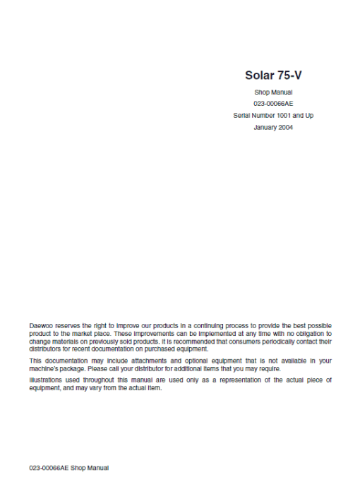 Daewoo Solar S75-V Excavator Service Manual