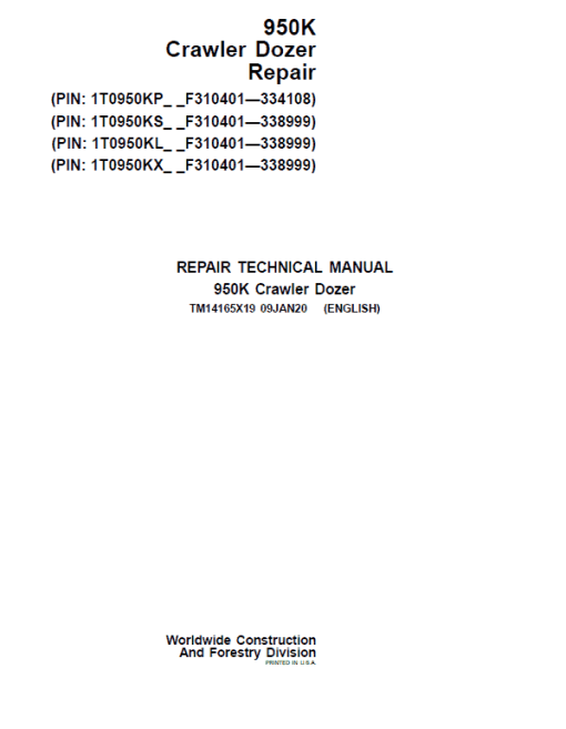 John Deere 950K Crawler Dozer Technical Manual (SN. from F310401 - 338999) - Image 2