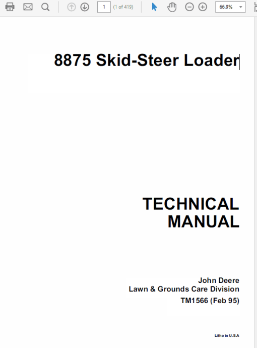 John Deere 8875 Skid-Steer Loader Repair Technical Manual (TM1566)